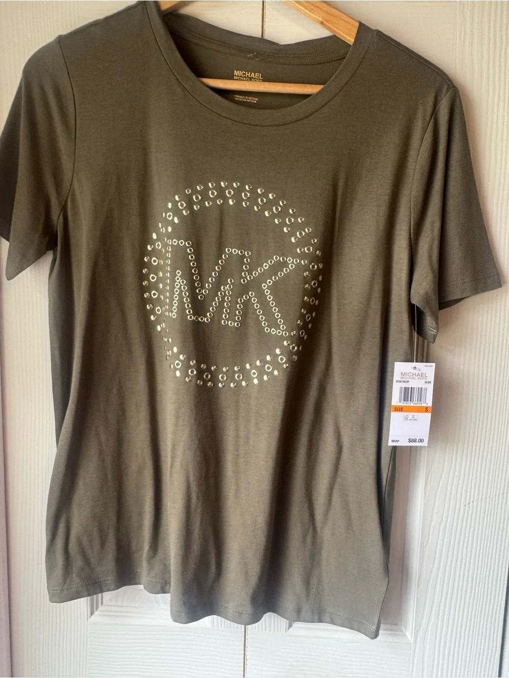 Michael Kors Olive Studded MK Logo Tee with Cream Wide-Leg Pants